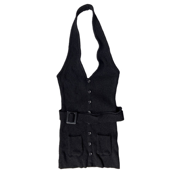 bebe Tops - Bebe Y2K Halter Top Ribbed Knit Sweater Tank Black Belted Womens Size Small